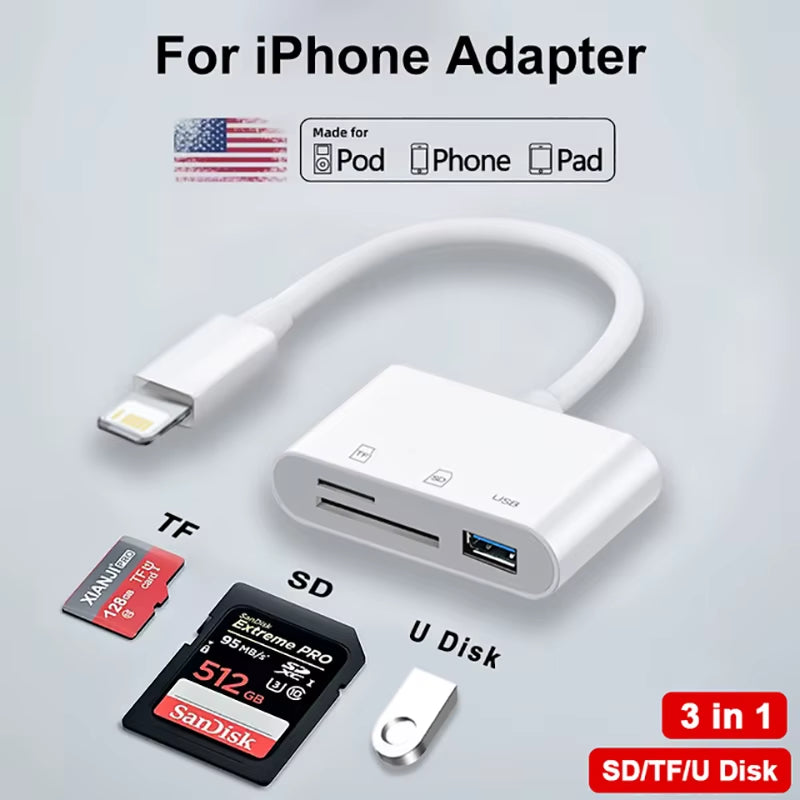 3 in 1 SD TF Card Reader for Apple Iphone 14 12 13 11 Pro Max XR XS USB C Camera Converter for Ipad Android Laptop OTG Adapter