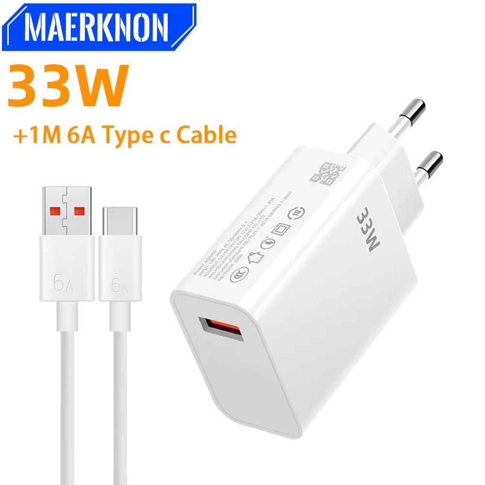 33W USB Charger Quick Charger 6A USB Type C Cable Fast Charging Mobile Phone Adapter for Xiaomi Redmi Note 13 12 Iphone Samsung