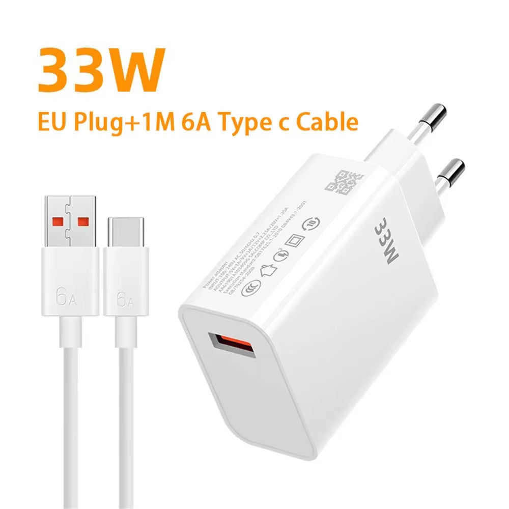 33W USB Charger Quick Charger 6A USB Type C Cable Fast Charging Mobile Phone Adapter for Xiaomi Redmi Note 13 12 Iphone Samsung