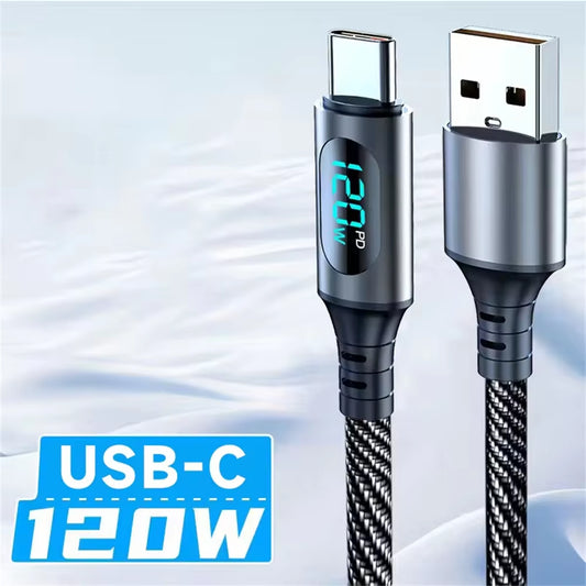 6A 120W USBA to Type C Super Fast Charge Cable Nylon Data Cord for Xiaomi POCO Samsung with Led Digital Display Cable