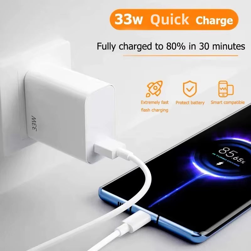 33W USB Charger Quick Charger 6A USB Type C Cable Fast Charging Mobile Phone Adapter for Xiaomi Redmi Note 13 12 Iphone Samsung