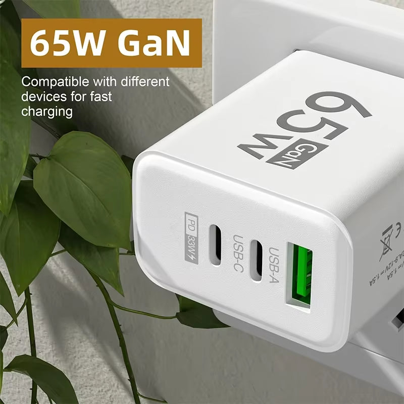 65W Gan USB C Charger Fast Charging Charger Quick Charge 3.0 PD Wall Phone Adapter for Iphone 15 11 Xiaomi POCO Samsung Oneplus