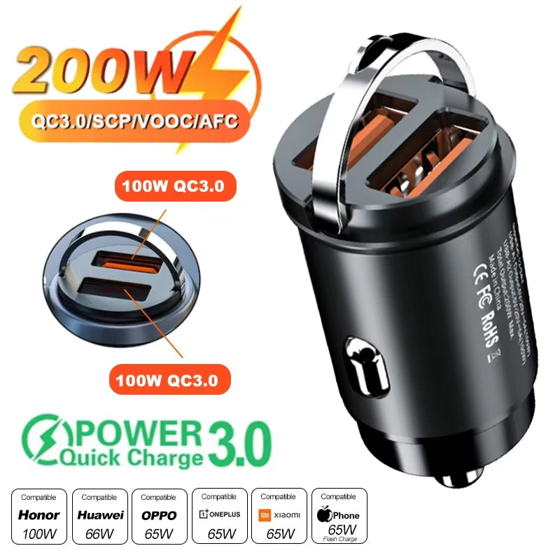 Car 200W Dual Port Mini USB Charger Ultra Fast Charging Cigarette Lighter Socket 12-24V Aluminum Cell Phone Charging Adapter